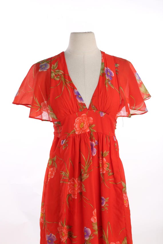 70s red floral print poly summer dress - image 3