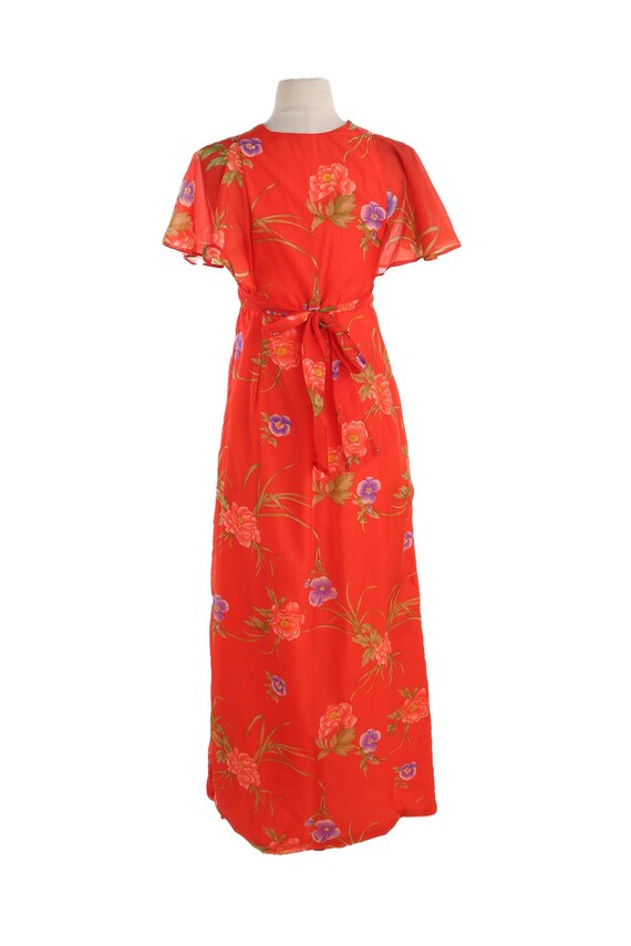 70s red floral print poly summer dress - image 4