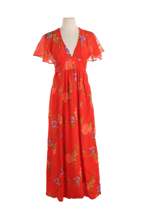 70s red floral print poly summer dress - image 2