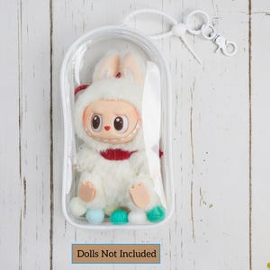 Clear Protective Case for LABUBU with Keychain, Large Clear Display Storage Pouch Case, Cotton Ball Decor, Transparent Protective Cover