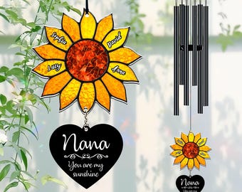 Personalized Nana Sunflower Wind Chime, Mother&#39;s Day Gift, Custom Grandkids Names, Nana&#39;s Blessings, Grandma Gift, You are My Sunshine