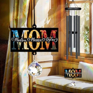 Personalized Mom Black Wind Chime With Crystal Beads, Mom Gifts from Kids, Christmas Birthday Gift for Mother, Custom Mothers Day Wind Chime