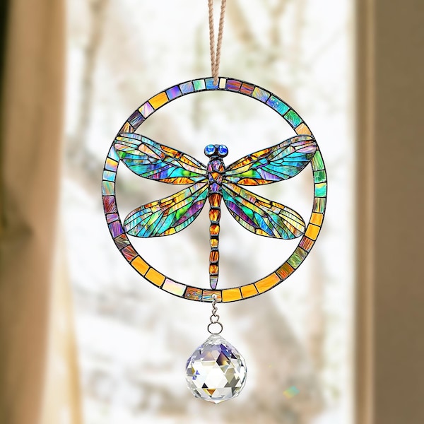 Atrapasol de libélula con prisma de cristal, decoración colorida para ventanas