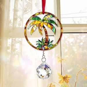 Palm Tree Suncatcher Crystal, Acrylic Window Hanging Art, Tropical Beach Ornament, Coastal Christmas Decor, Gift for Palm Lovers
