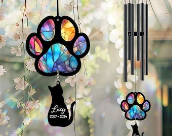 Personalized Pet Memorial Wind Chime, Remembrance Wind Chime, Pet Suncatcher Wind Chime, Cat Paw, Cat Loss, Cat Memorial, In Loving Memory