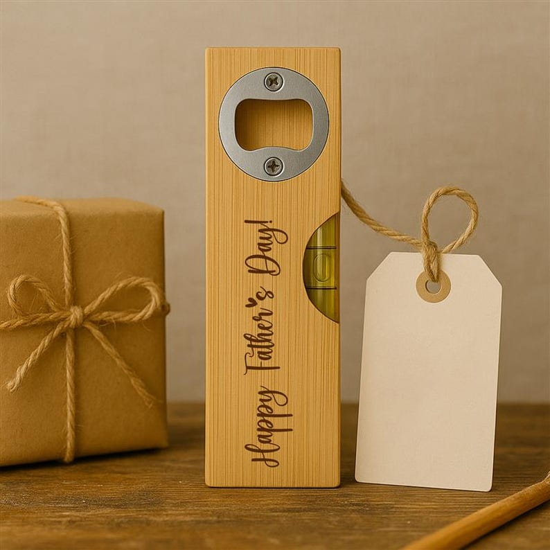 Pu&ograve; includere: Un apribottiglie in legno con livella a bolla e la scritta "Happy Father's Day!". L'apribottiglie ha un apri tappo in metallo argentato. Un'etichetta vuota &egrave; attaccata con dello spago.