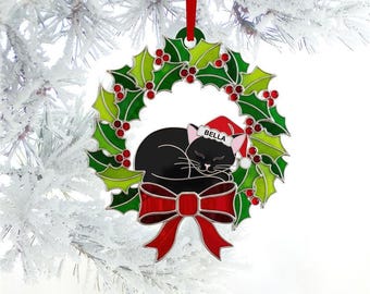 Personalized Cat Christmas Ornament, Custom Pet Name Suncatcher