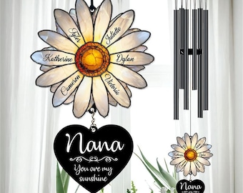 Personalized Nana Daisy Wind Chime, Custom Grandkids Names, Mother's Day Gift