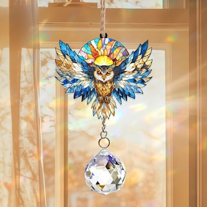 Owl Suncatcher Hanging Sign Crystal, Acrylic Flying Owl Window Ornament, Owl Decor, Bird Lover Gift, Housewarming Gift