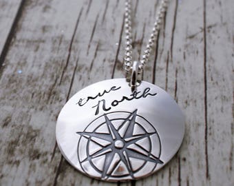 Inspirational Gift - True North Necklace - Personalized Compass Rose Pendant in Sterling Silver - You are my true North