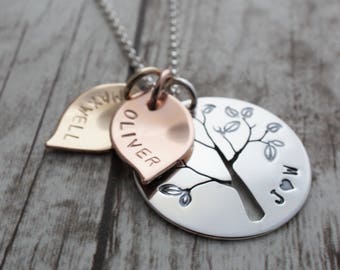 Mixed Metal Family Tree Necklace - Hand Pierced Design with Leaves, Initials, and Children's Names - Jewelry Gifts for Mom