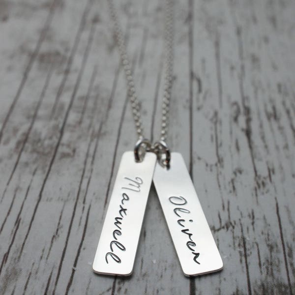 Personalized Name Necklace - TWO Personalized Name Charms in Sterling Silver - Rectangular Necklace for Mom - Engraved Gifts
