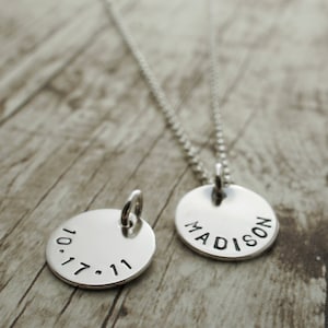 Personalized Necklace - NAME and DATE Necklace in Sterling Silver - Hand Stamped, Engraved TWO Sided Mother's Necklace