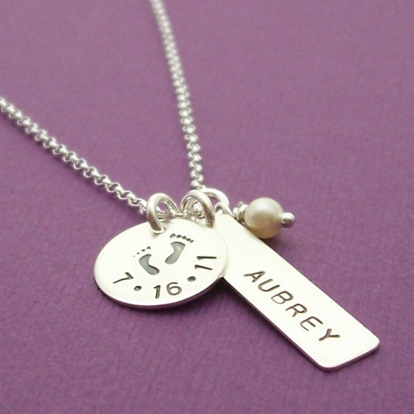 Personalized Baby Feet Necklace for Mom WITH BIRTHDATE - Hand Stamped Sterling Silver with Child's Name, Birth Date and Birthstone Crystal