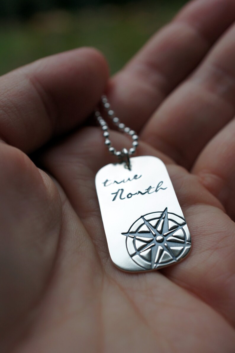 True North Dog Tag Necklace Compass Rose Pendant in Sterling Silver You are my True North Inspirational Gifts image 1