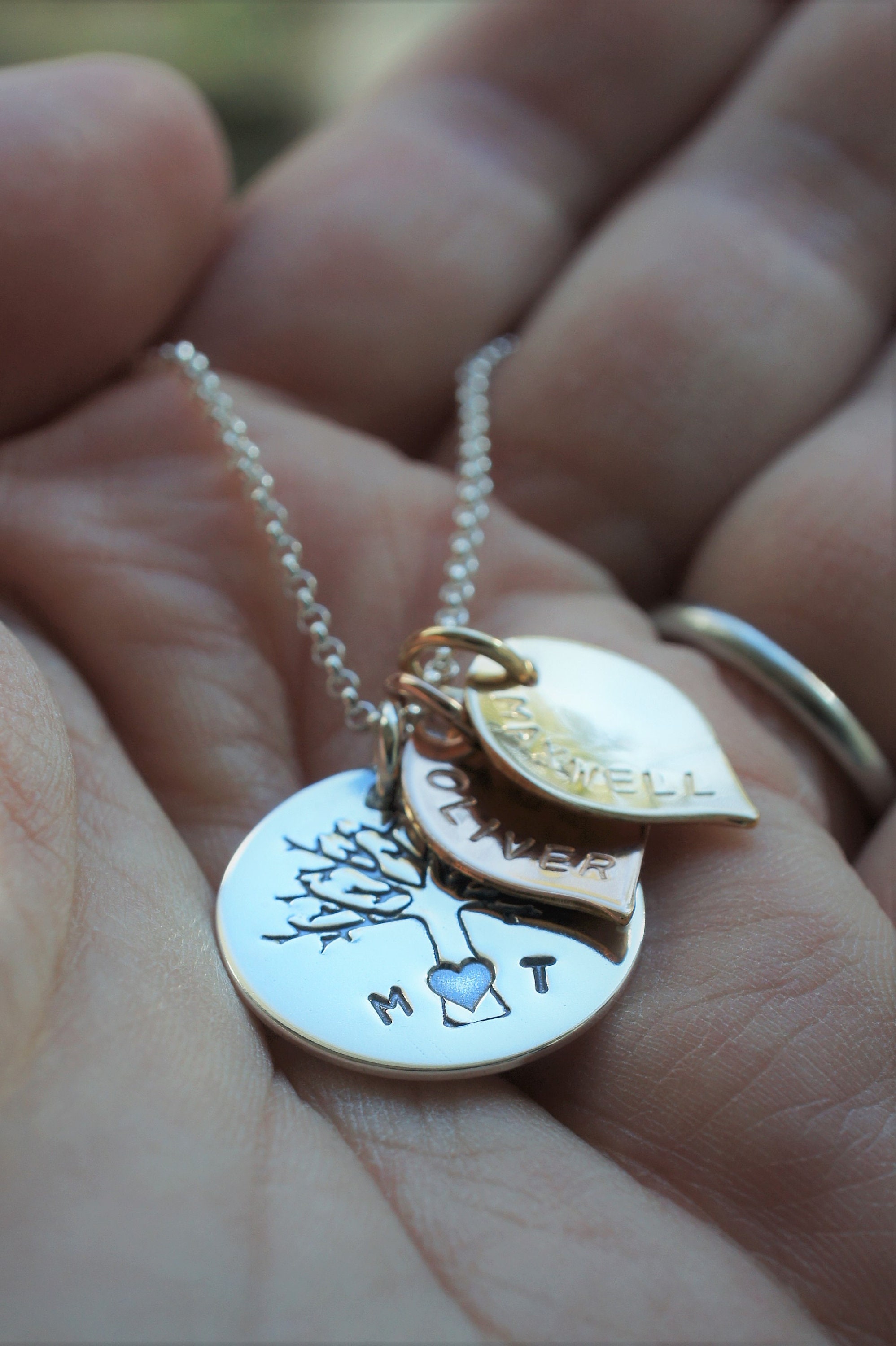 Rose Gold Fill and Yellow Gold Fill Family of Four Oak Tree w Two Leaf Charms Sterling Silver Mixed Metal Family Tree Necklace