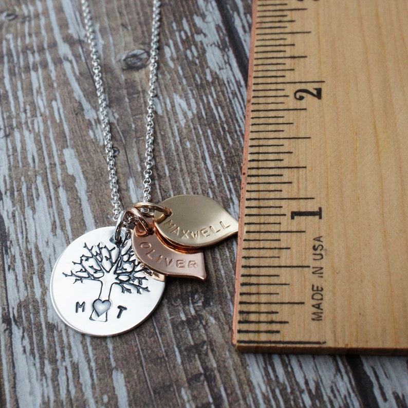 Rose Gold Fill and Yellow Gold Fill Family of Four Oak Tree w Two Leaf Charms Sterling Silver Mixed Metal Family Tree Necklace