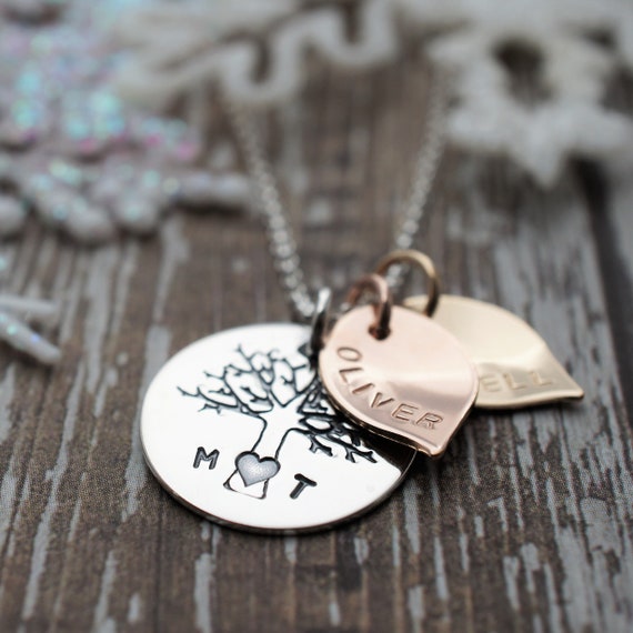 Rose Gold Fill and Yellow Gold Fill Family of Four Oak Tree w Two Leaf Charms Sterling Silver Mixed Metal Family Tree Necklace