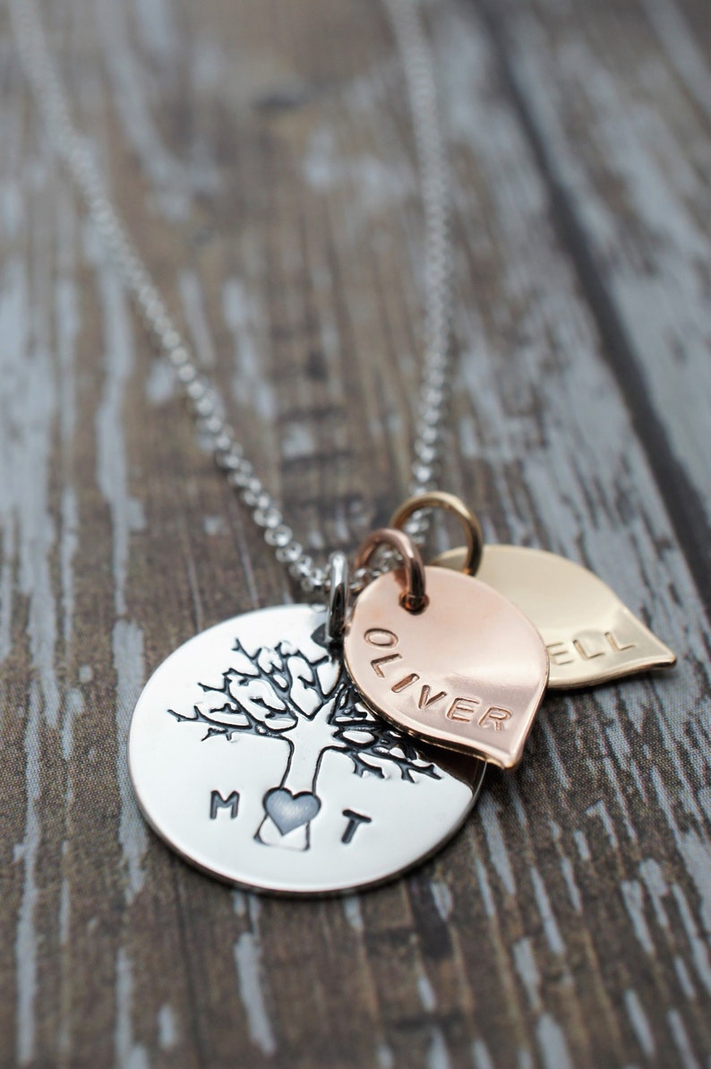 Rose Gold Fill and Yellow Gold Fill Family of Four Oak Tree w Two Leaf Charms Sterling Silver Mixed Metal Family Tree Necklace