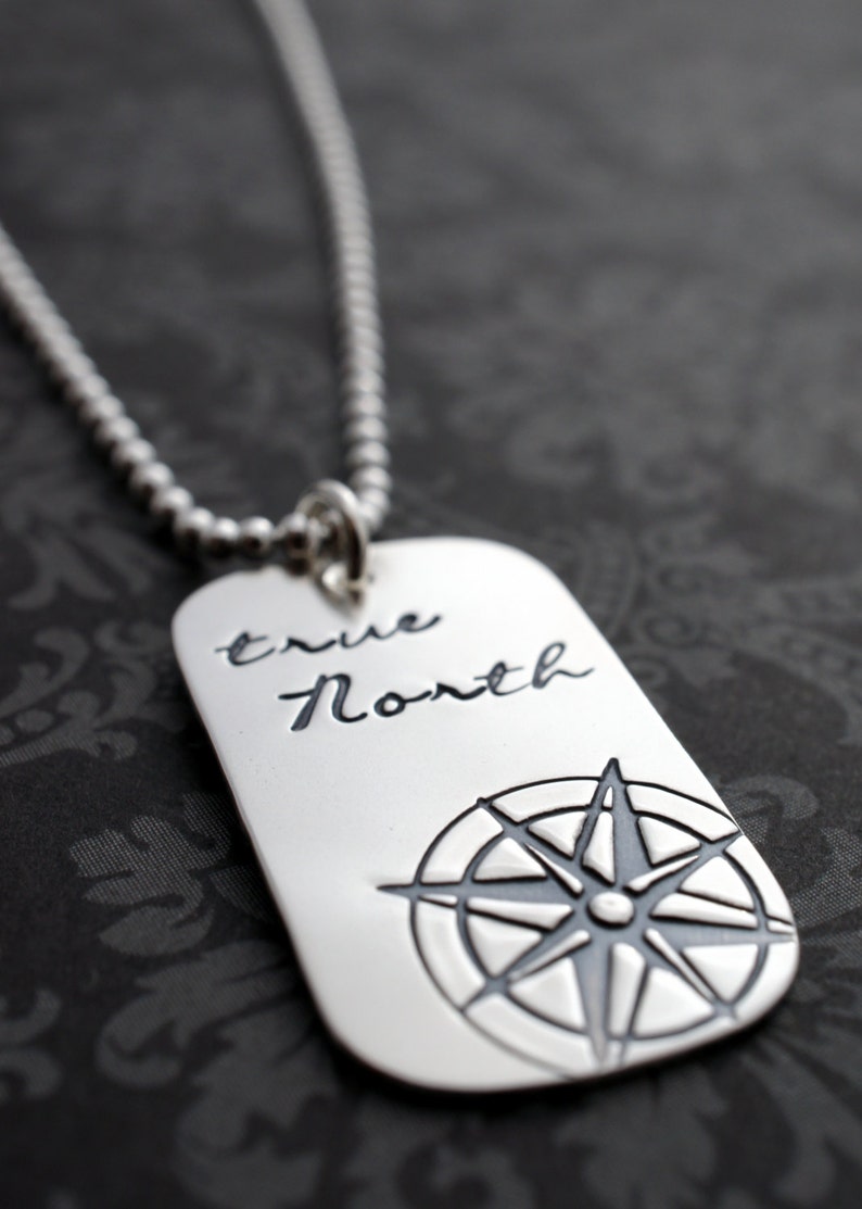 True North Dog Tag Necklace Compass Rose Pendant in Sterling Silver You are my True North Inspirational Gifts image 2