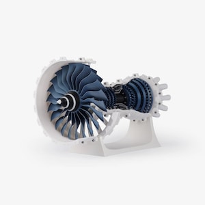 May include: A white model of a jet engine with a blue fan blade and a cutaway view of the internal components.
