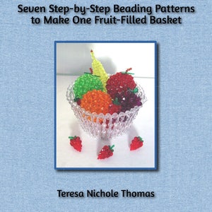 May include: A beaded fruit basket with a variety of fruits, including a pear, grapes, strawberries, and an orange. The basket is made of clear beads and has a woven design. The fruit is also made of beads and is arranged in a realistic way. The image includes the text "Fruit Basket with Fruit" and "Seven Step-by-Step Beading Patterns to Make One Fruit-Filled Basket".