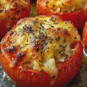 Op de afbeelding: Close-up van gebakken tomaten gevuld met rijst en kaas. De tomaten zijn felrood met een goudbruine, borrelende kaastopping bestrooid met kruiden. Het gerecht is een hartige maaltijd.