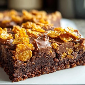 May include: A close-up of a brownie square topped with chocolate and golden-brown cereal pieces. The brownie has a rich, dark brown color and sits on a white plate. The dessert is a sweet treat.
