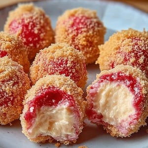 Puede incluir: Primer plano de un plato de bolas de postre rojas y blancas cubiertas con una cobertura desmenuzable. Las bolas están rellenas de una crema blanca y a una de ellas le han dado un mordisco.