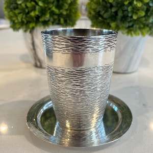 Cup and saucer - sterling silver - hammered kiddush cup