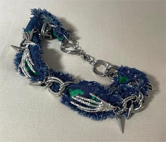 Skeleton Hand Choker: Gothic Distressed Denim Statement Necklace