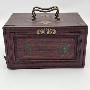 Antique Painted Chinese Characters Wooden Mah Jong Set from 1920s w/ Brass Accents Complete Bone & Bamboo Tiles, Counters, Wind Box