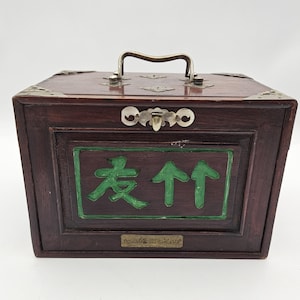 Antique Painted Characters Wooden Mah Jong Set from 1920s w/ Brass Accents Complete Bone & Bamboo Tiles, graduated length counters, Wind Box