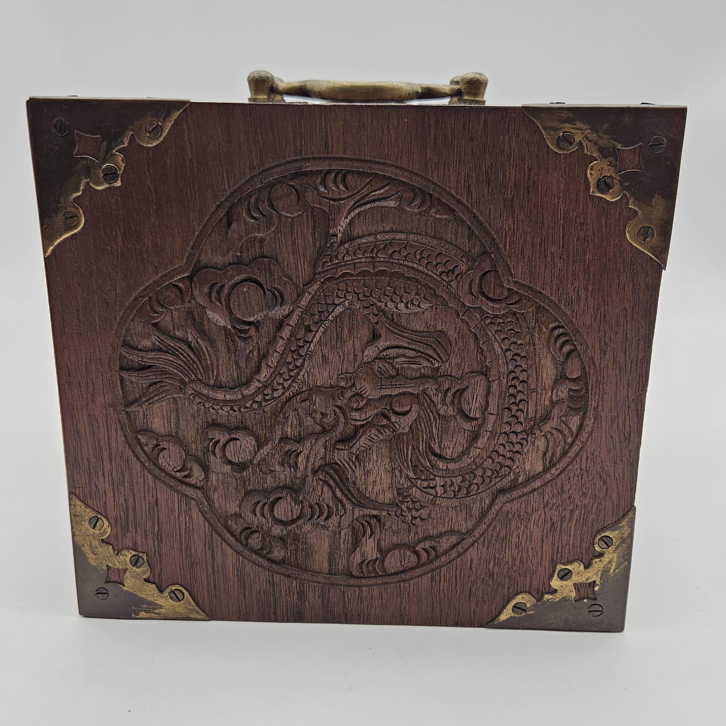 Antique Carved Dragon Wooden Mah Jong Set From 1920s, Wooden Box