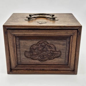 Antique Carved Birds Wooden Mah Jong Set from 1920s, Wooden Box 143 Bone & Bamboo Tiles, Graduated Length Counters, Dice