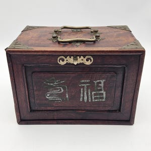 Antique Painted Characters Dovetail Wooden Mah Jong Set from 1920s w/ Brass Accents Complete Set Bone & Bamboo Tiles, Dice, Discs, Counters