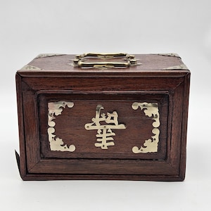 Antique Wooden Mah Jong Set from 1920s w/ Rare Brass Character, Wooden Box Complete Bone & Bamboo Tiles, graduated length counters