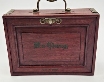 1920s Antique Wooden Box "Ma Chong" Mah Jong Set Complete Bone & Bamboo Tiles, Graduated Length Counters, Wind Discs, Dice