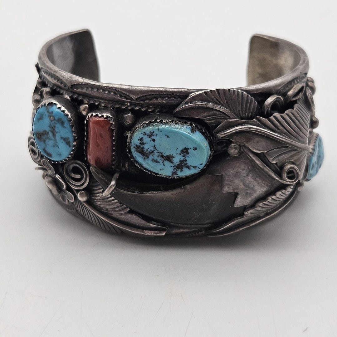 Vintage Navajo Cuff Bracelet Stamped Sterling Silver Turquoise & Coral ...