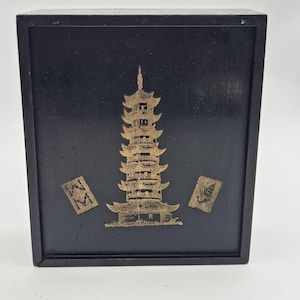 1920s Antique Pictorial Pagoda Black Wooden Box Mah Jong INCOMPLETE Set Bone & Bamboo Tiles, graduated length counters