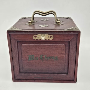1920s Antique Square Wooden Box &quot;Ma Chong&quot; Mah Jong Set Complete Bone & Bamboo Tiles, Graduated Length Counters, Dice