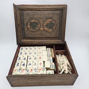 Antique Dovetail Wooden Mah Jong Set from 1920s. Wooden Box Complete Bone & Bamboo Tiles, graduated length counters, Wind Box, Dice