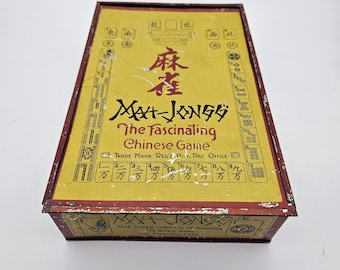 Rare Metal Box 1923 Mah Jong Set Bamboo Tiles (some damaged), 3 Wind Discs, 2 Dice, Graduated Bone Counters.