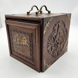 Antique Carved Dragon Wooden Mah Jong Set from 1920s, Wooden Box Complete Bone & Bamboo Tiles, Graduated Length Counters, Dice.