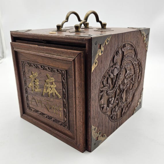 Antique Carved Dragon Wooden Mah Jong Set From 1920s, Wooden Box