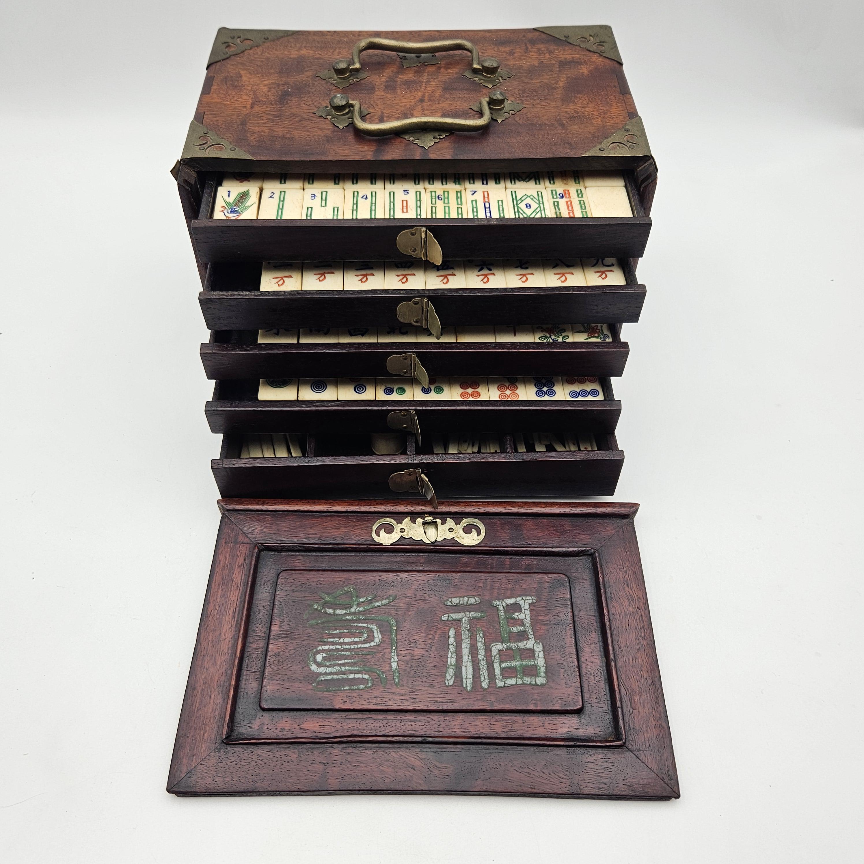 アンティーク 麻雀セット アンティークペイントのキャラクター付き 1920年代の木製麻雀