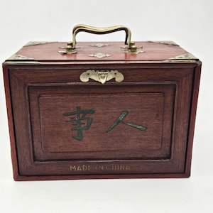 1920s Antique Wooden Box with 2 carved Chinese Characters Mah Jong Set Complete Bone & Bamboo Tiles, Graduated Length Counters, Wind Discs,