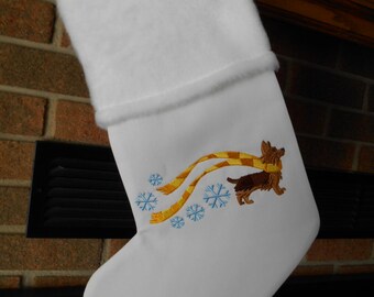 WINTER YORKIE, Yorkshire in Scarf Handmade Embroidered Christmas Stocking, Dog, Winter