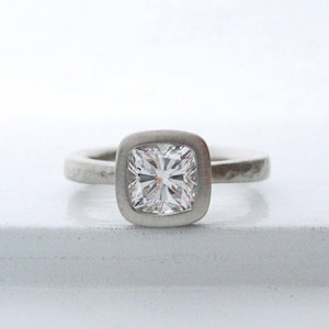 Hammered diamond engagement ring, bezel set cushion cut diamond engagement ring