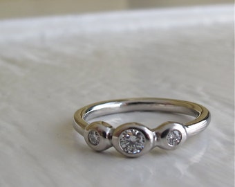 Diamond anniversary ring, recycled precious metal three stone diamond ring, alternative bridal ring or stacking diamond band